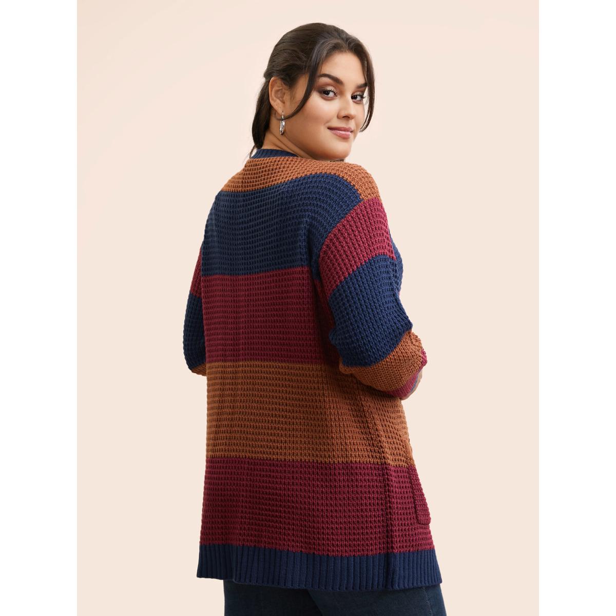 Plus Size Colorblock Contrast Patch Pocket Cardigan Multicolor Women Casual Loose Long Sleeve Everyday Cardigans BloomChic 12/L Product Image