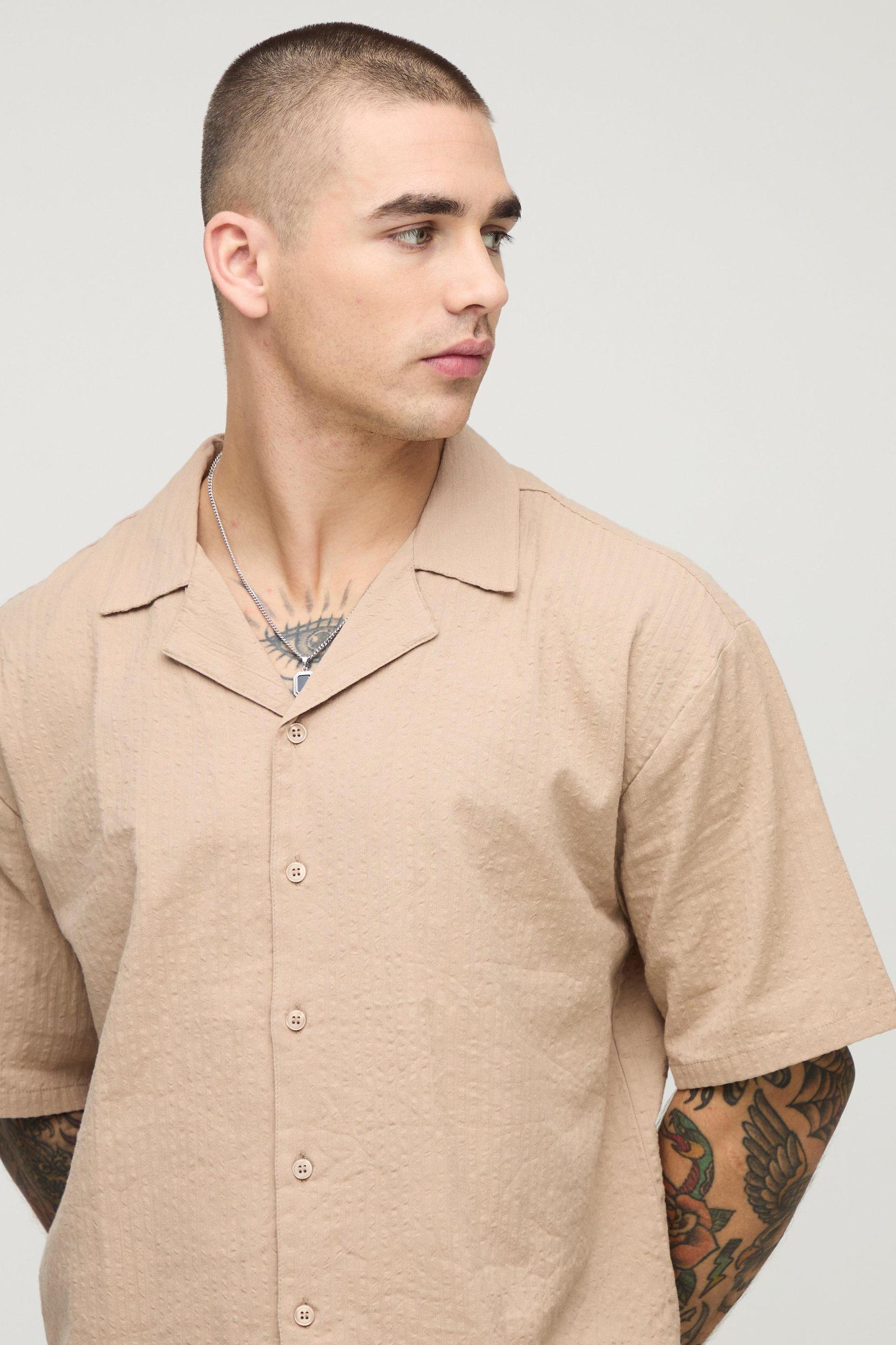 Oversized Boxy Revere Seersucker Shirt | boohooMAN USA Product Image