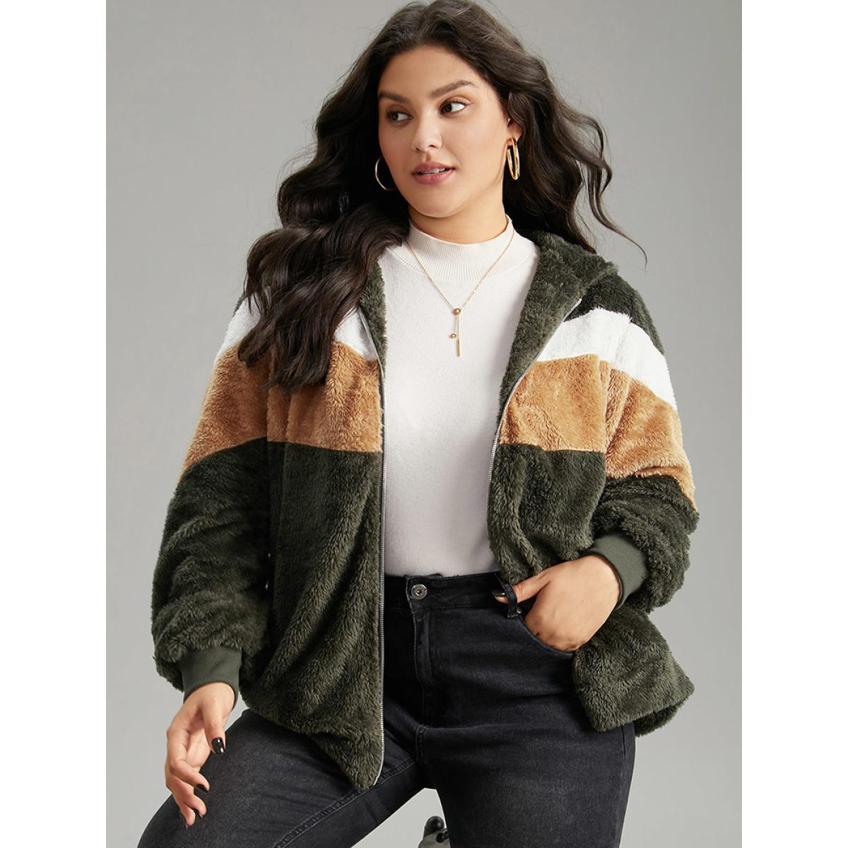 Plus Size Colorblock Contrast Fuzzy Zipper Jacket Women ArmyGreen Elastic cuffs Pocket Everyday Jackets BloomChic 14-16/1X Product Image