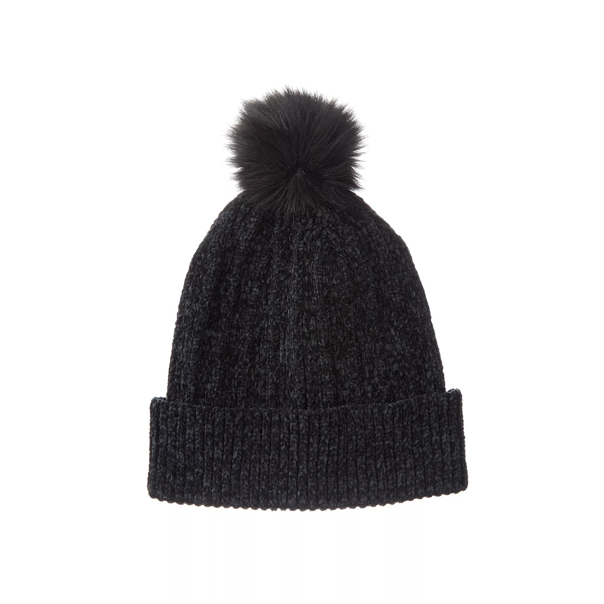 Women's isotoner Chenille Cuff Beanie Hat with Faux Fur Pom, Black Product Image