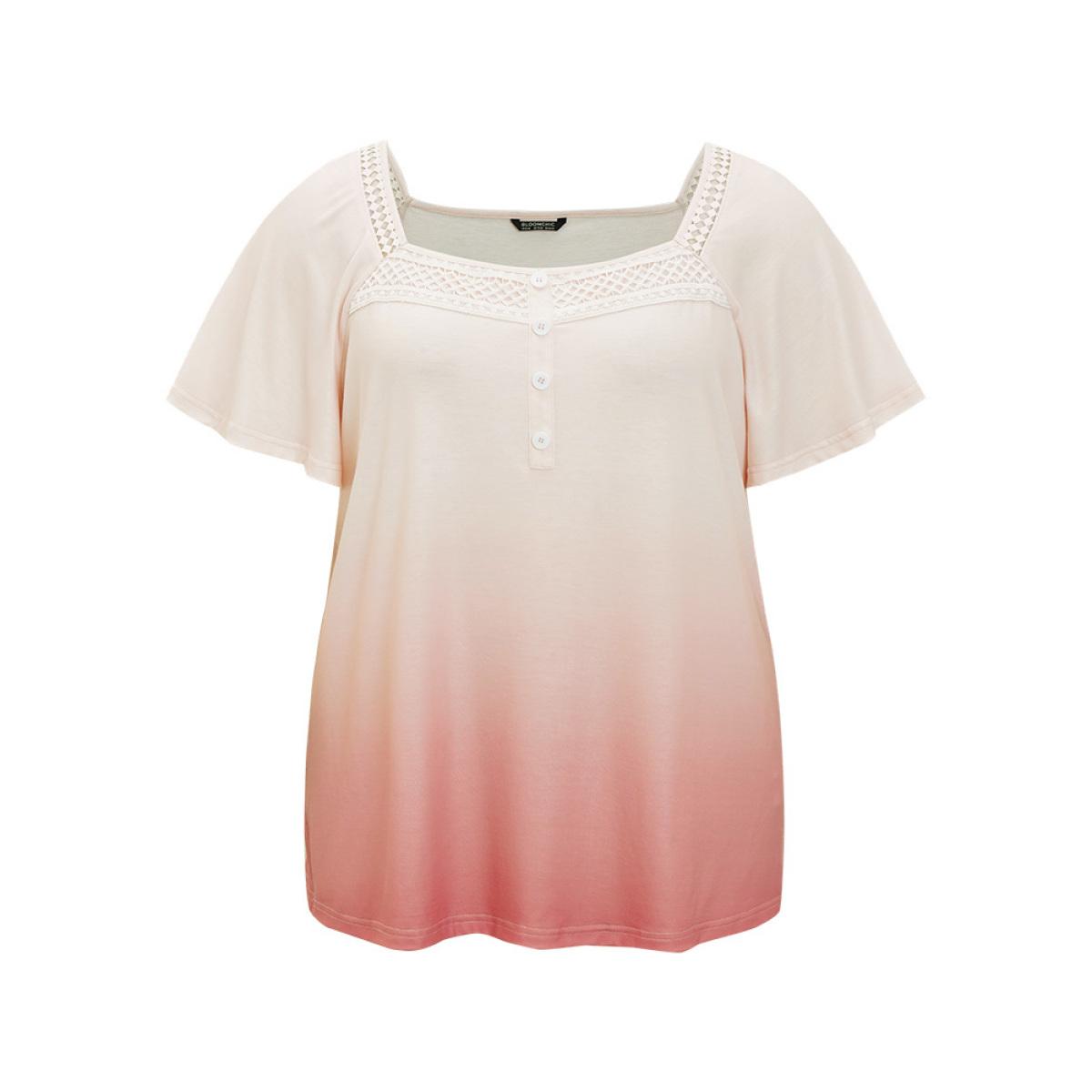 Plus Size Ombre Print Ruffle Sleeve Contrast Lace T-shirt OrangeRed Women Elegant Lace Ombre Square Neck Dailywear T-shirts BloomChic 28/5X Product Image