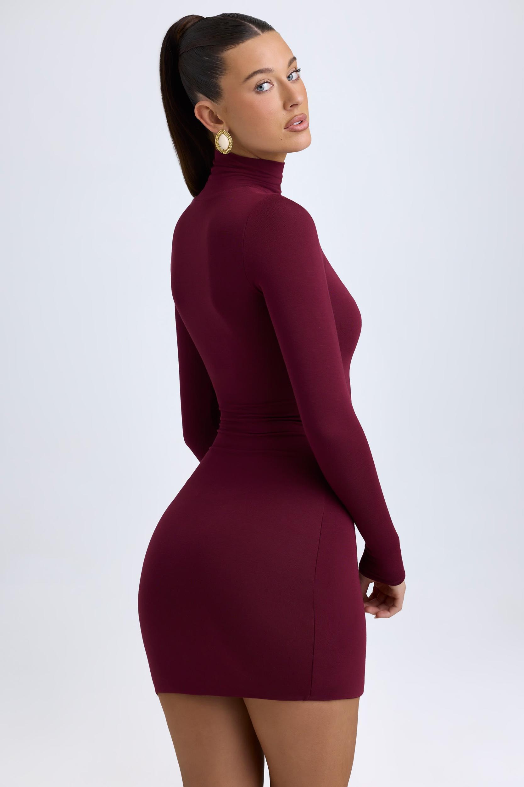 Modal Turtleneck Mini Dress in Wine Red Product Image