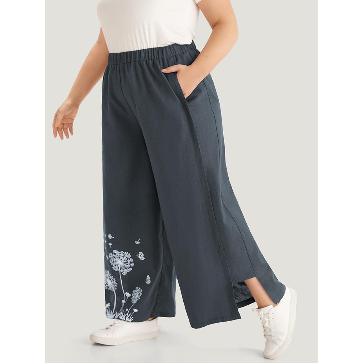 Plus Size Silhouette Floral Print Elastic Waist Wide leg Pants Women SlateGray Casual Straight Leg High Rise Dailywear Pants BloomChic 22-24/3X Product Image