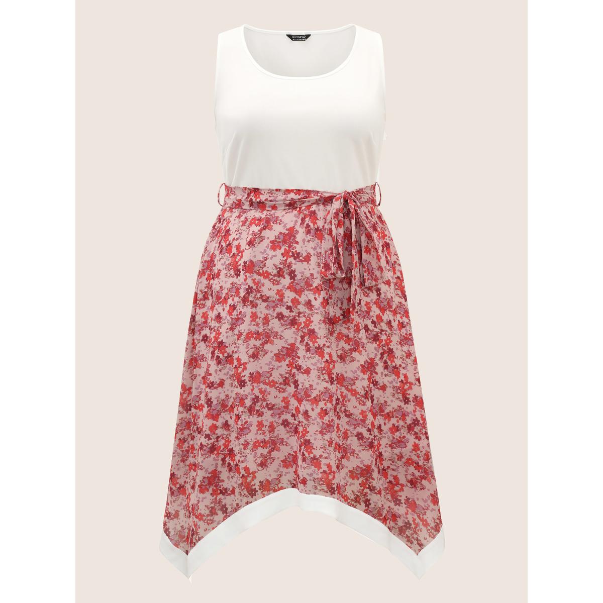 Plus Size Ditsy Floral Patchwork Hanky Hem Midi Dress Lightpink Women Elegant Belted Round Neck Sleeveless Curvy BloomChic 18-20/2X Product Image