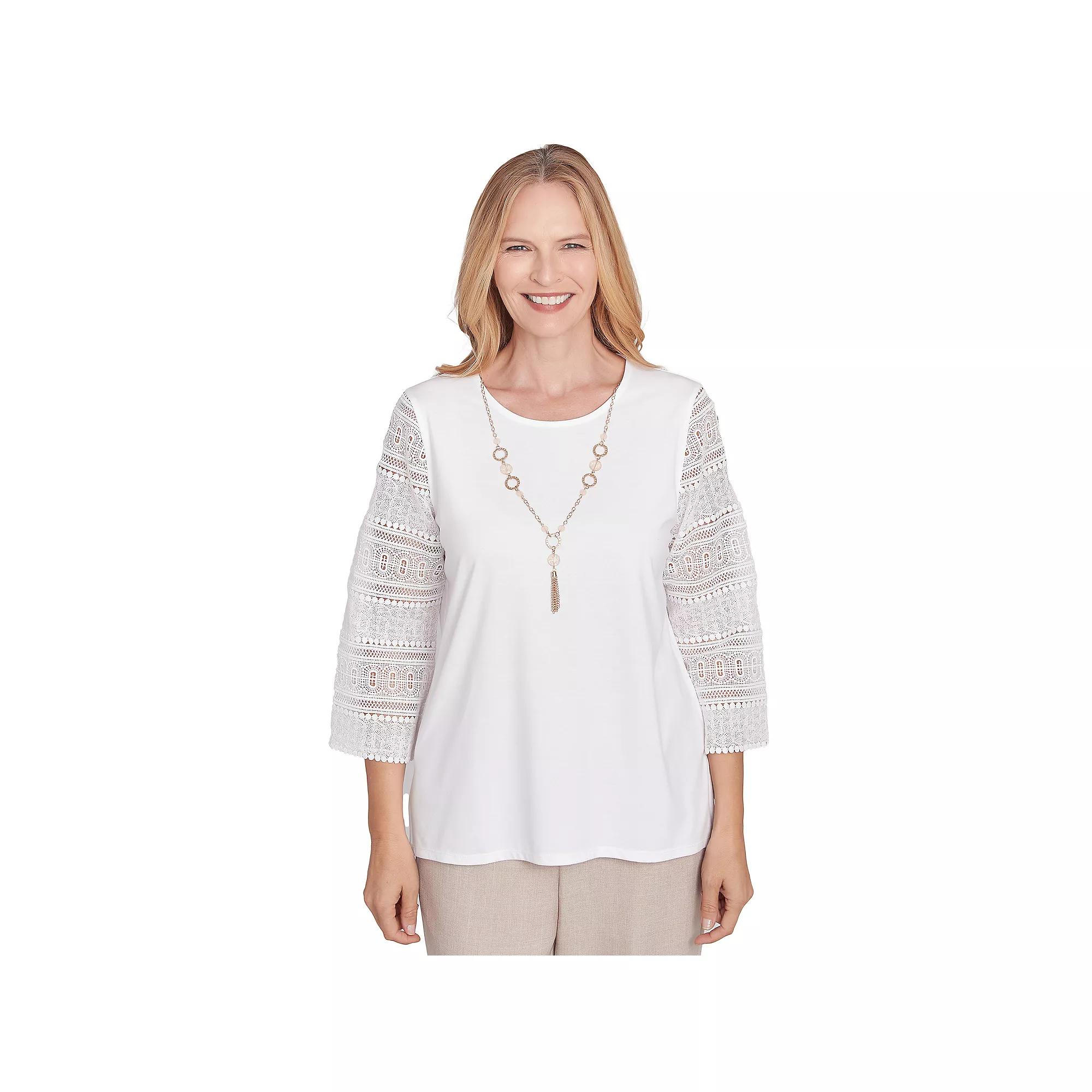 Women's Alfred Dunner Solid Lace Sleeve Knit Top with Necklace,  Product Image
