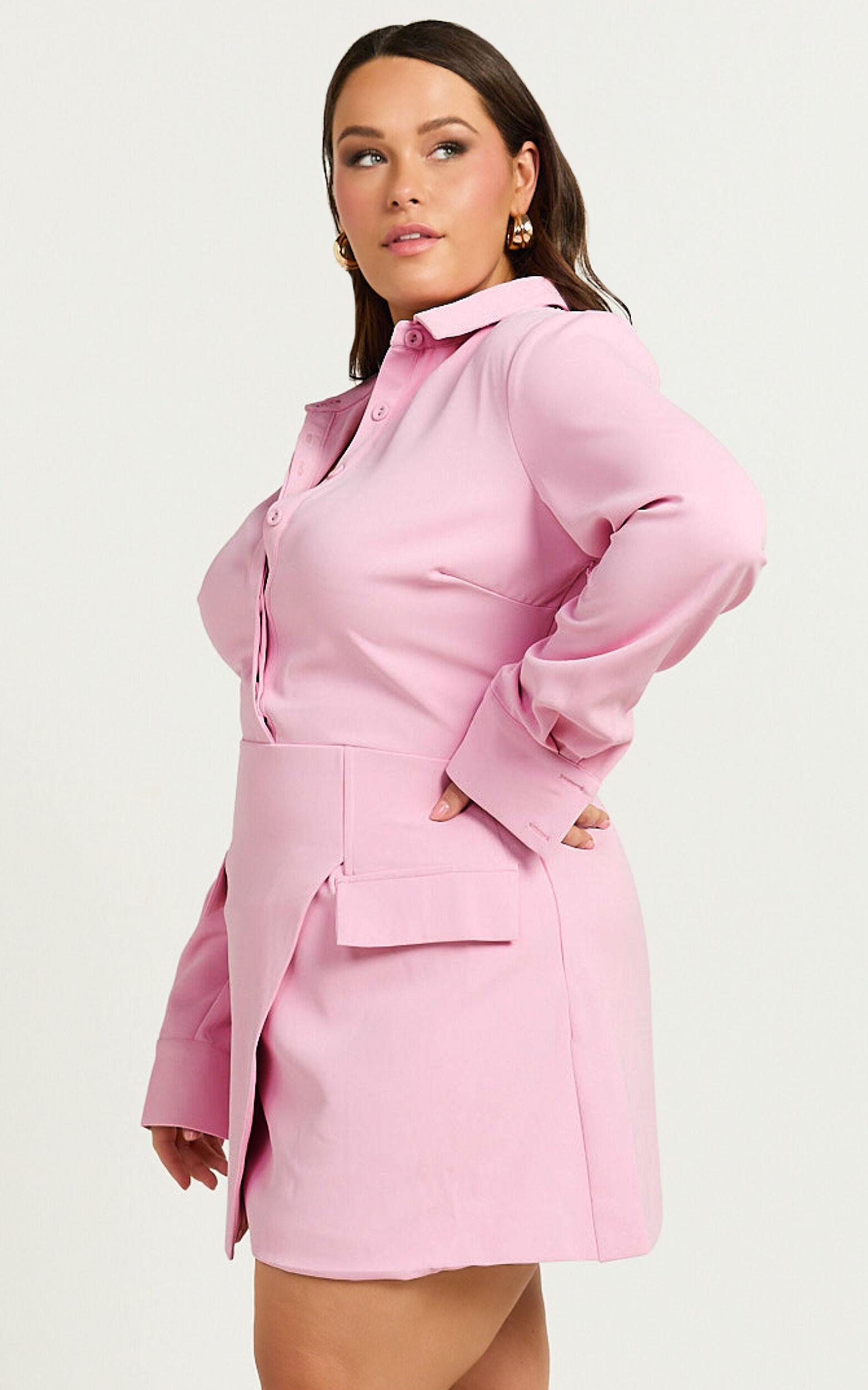 Wanda Mini Dress - Long Sleeve Faux Wrap Dress in Pink Product Image