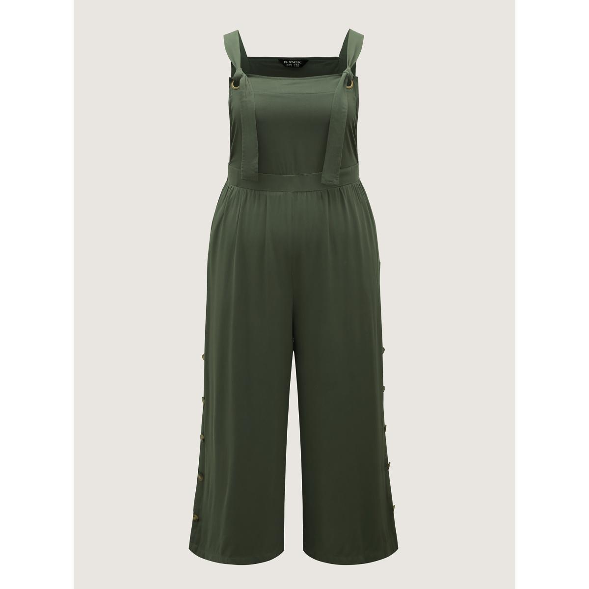 Plus Size ArmyGreen Rayon Adjustable Elastic Waist Slit Jumpsuit Women Sleeveless Non Casual Loose Jumpsuits BloomChic 18-20/2X Product Image