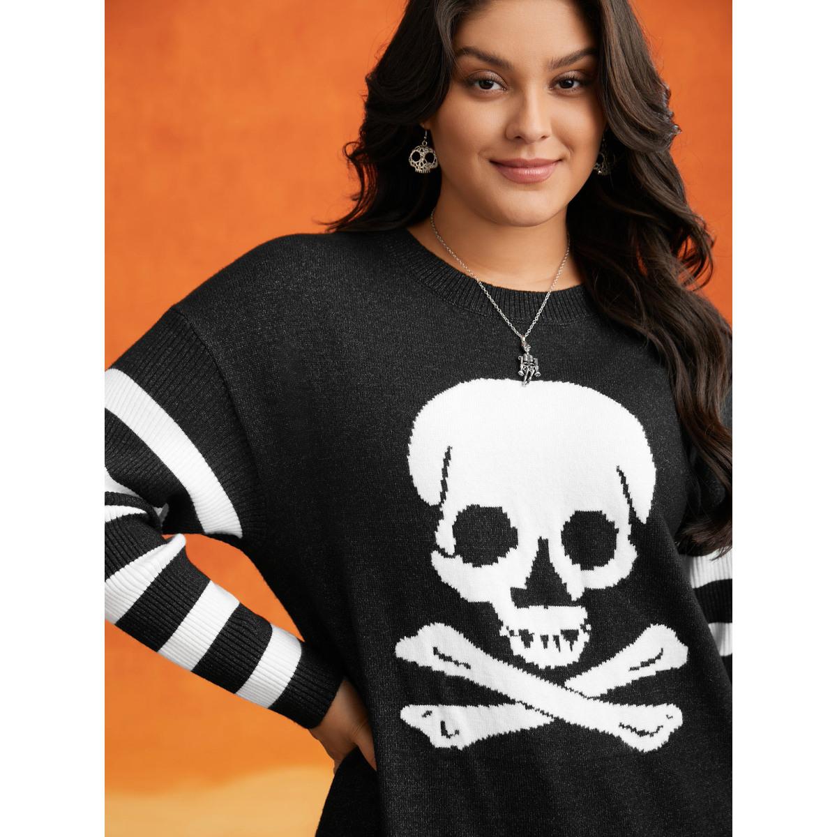 Plus Size Supersoft Essentials Gothic Skull Striped Sleeves Pullover Black Women Casual Loose Long Sleeve Round Neck Everyday Pullovers BloomChic 14-16/1X Product Image