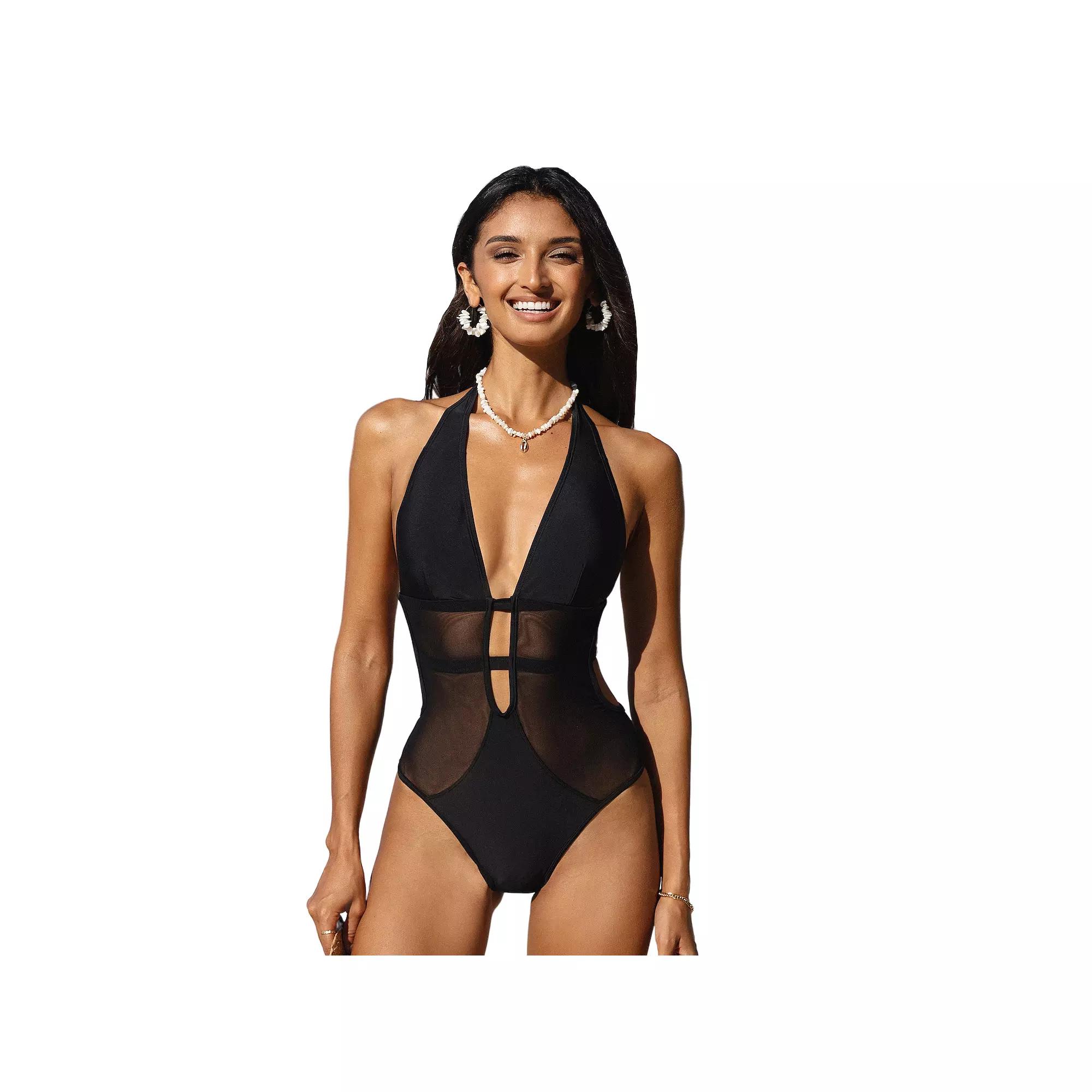Women's Cupshe Mesh Detailed Plunging Halter Neck One-Piece Swimsuit, Size: Small, Black Product Image