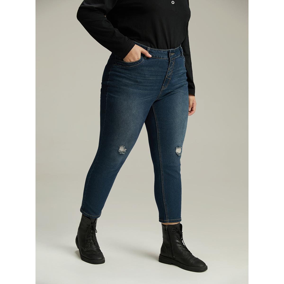 Plus Size Stitch Detail Distressed Very Stretchy Jeans Women Indigo Casual Plain Plain High stretch Pocket Jeans BloomChic 20/2X Product Image