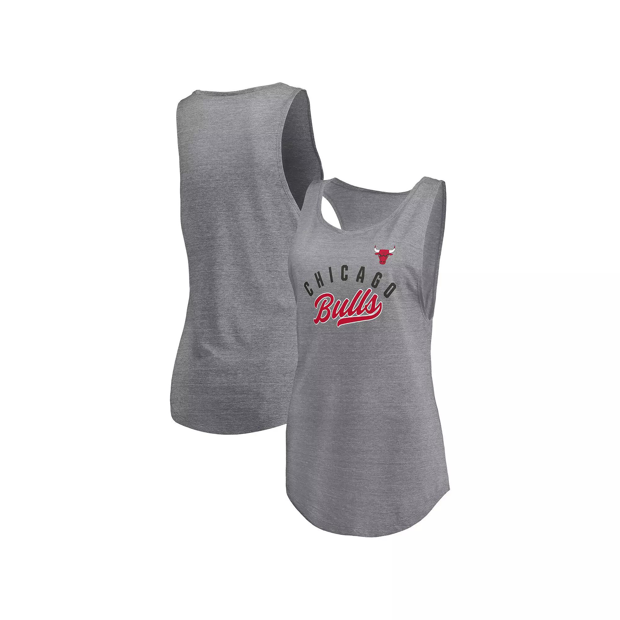 Women's Fanatics Heathered Gray Chicago Bulls Quality Time Open Scoop Neck Tri-Blend Tank Top,  Product Image