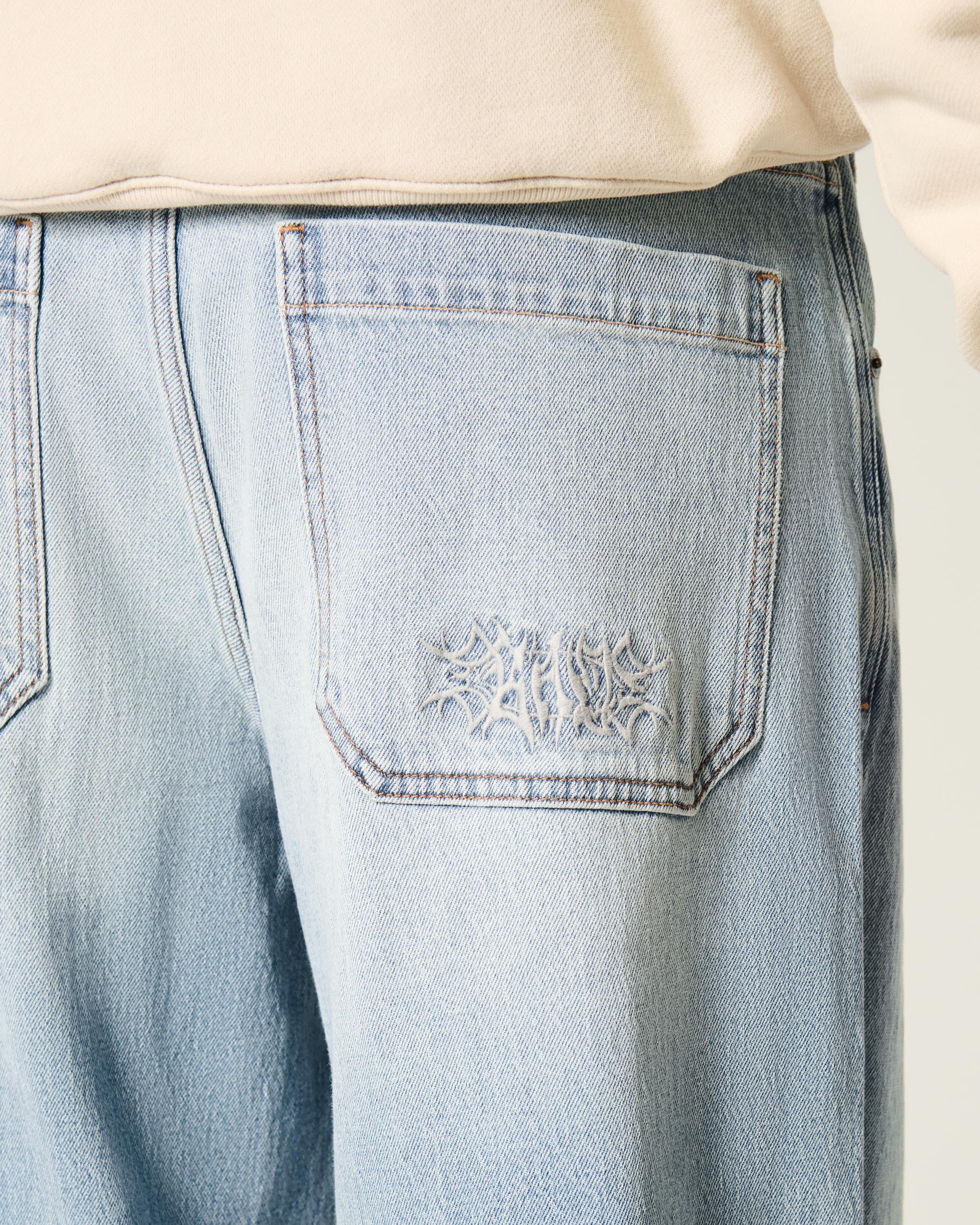 Embroidered Light Wash Skater Baggy Jeans Product Image