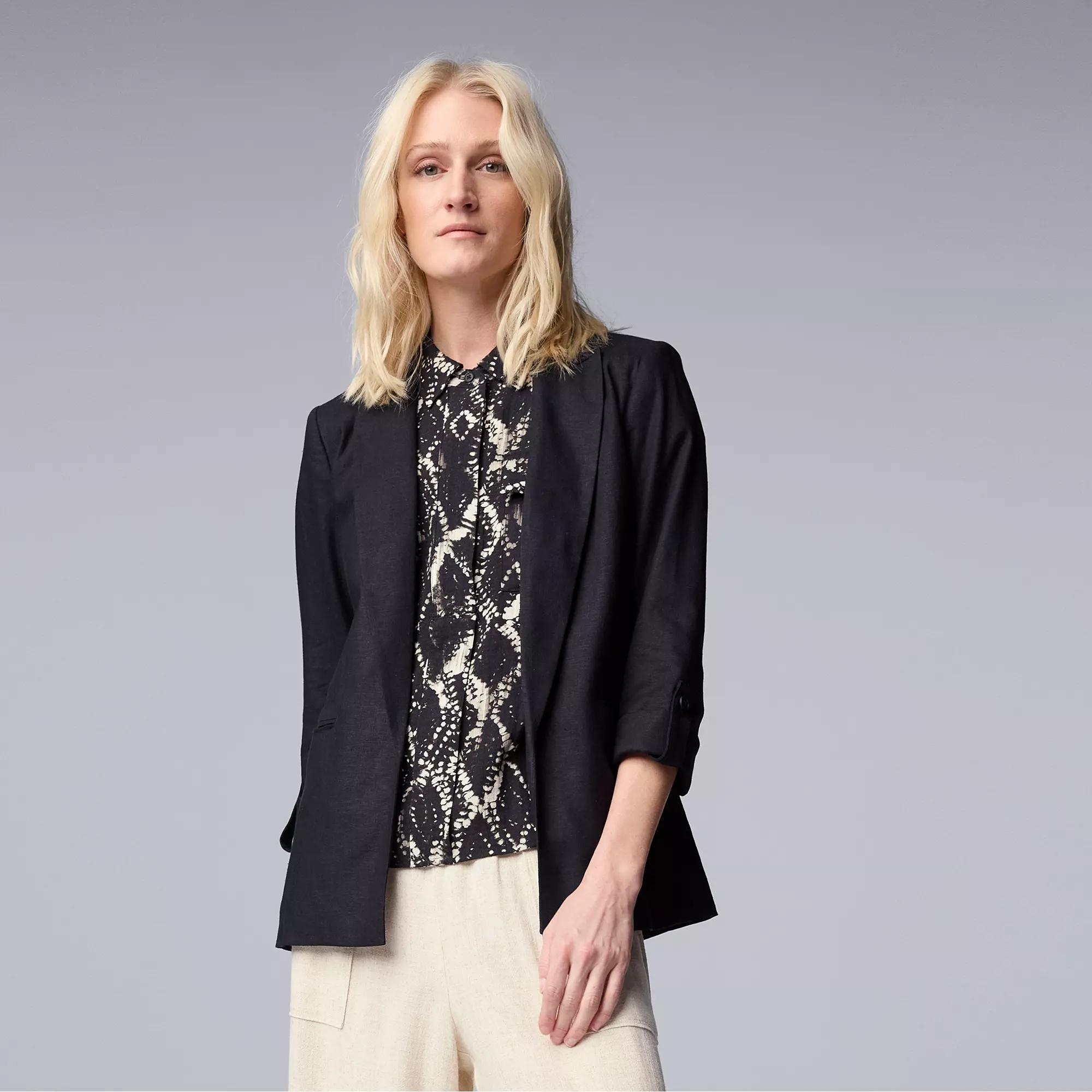 Petite Simply Vera Vera Wang Roll-Tab Easy Blazer, Women's, Size: XL Petite, Black Product Image