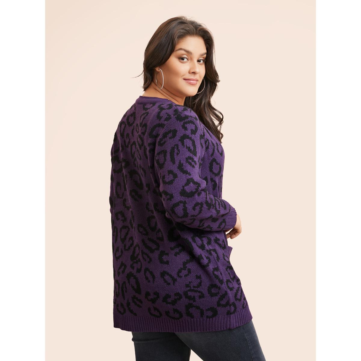 Plus Size Leopard Print Patched Pocket Cardigan Eggplant Women Casual Loose Long Sleeve Everyday Cardigans BloomChic 14-16/1X Product Image