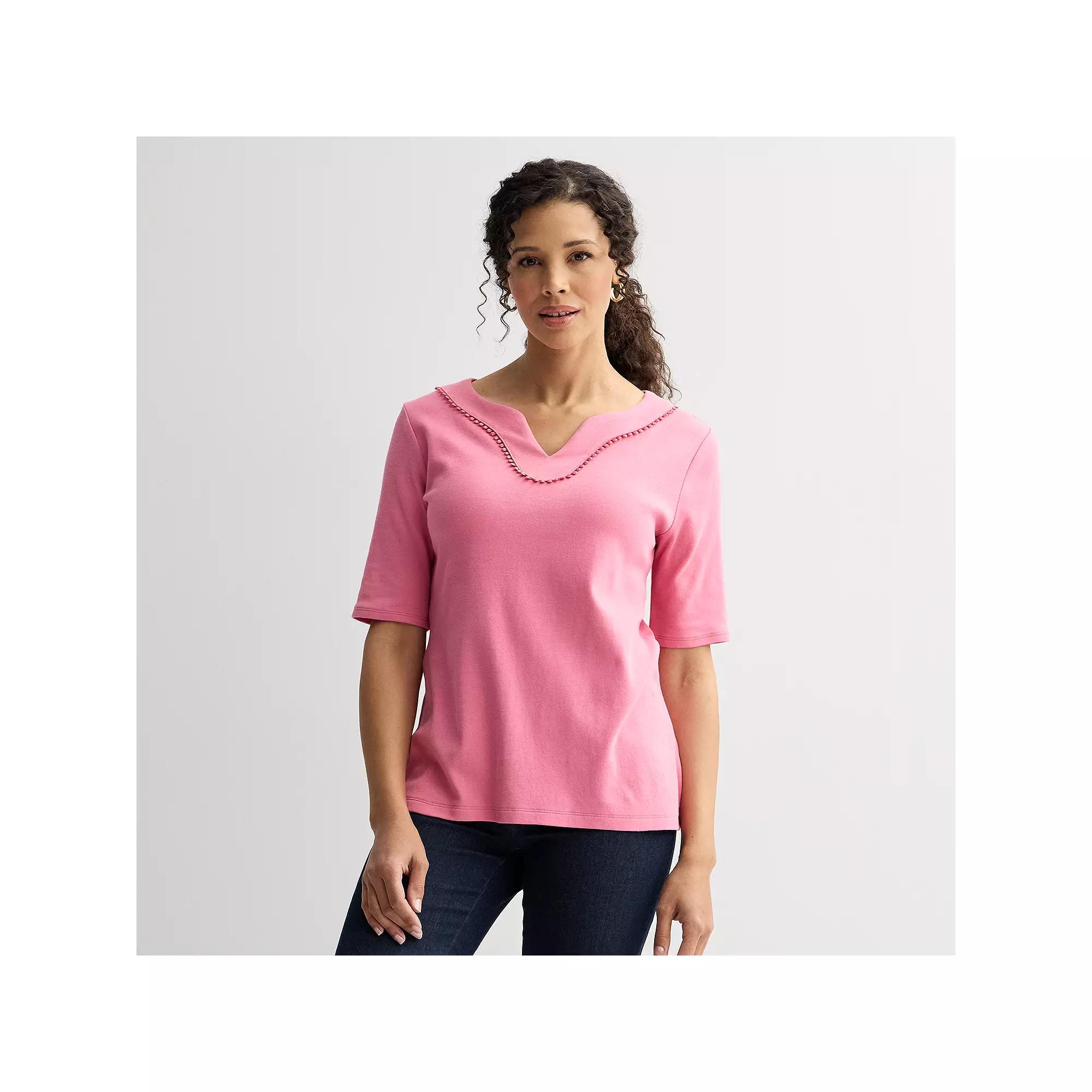 Women's Croft & Barrow® Bobble Trim Splitneck Elbow Sleeve Top, Size: XXL, Pinkberry Product Image
