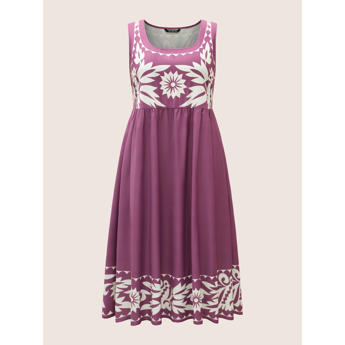 Plus Size Boho Print Square Neck Elastic Waist Tank Dress Purple Women Resort Gathered Round Neck Sleeveless Curvy Midi Dress BloomChic 12/L Product Image