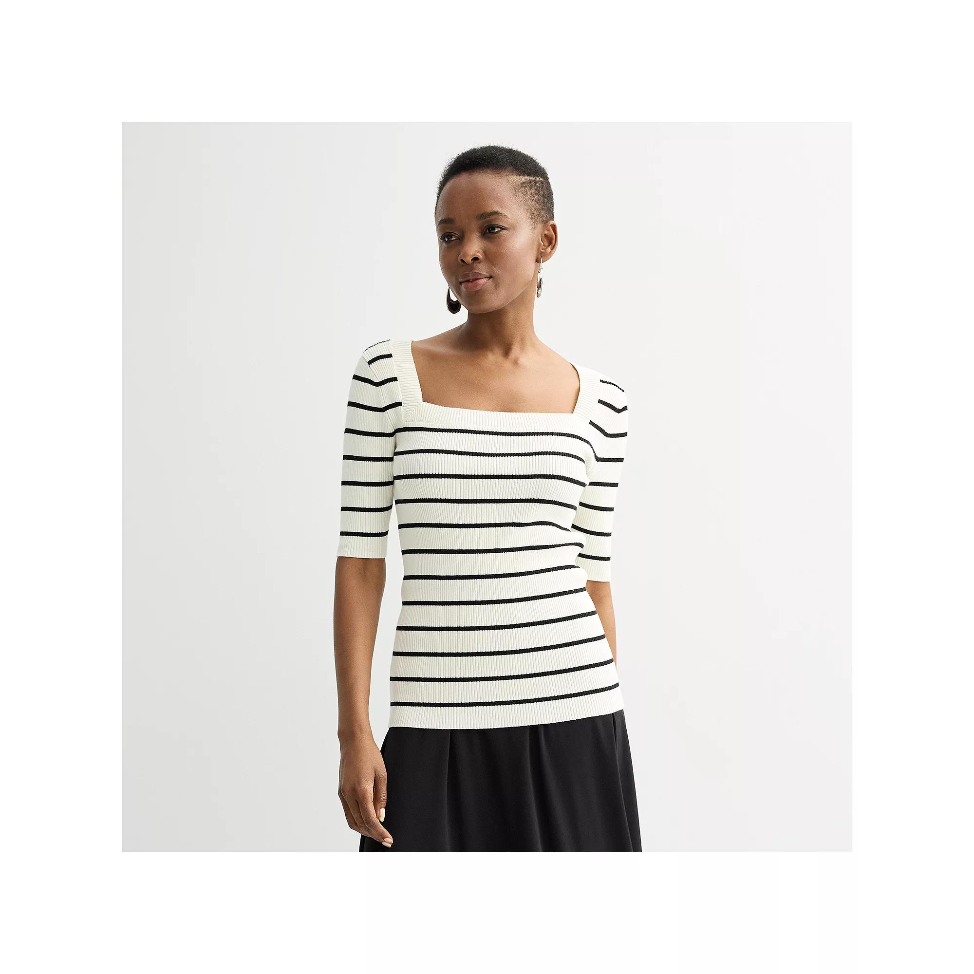 Women's Nine West Square Neck Ribbed Short Sleeve Sweater, Size: XXL, White Black Product Image