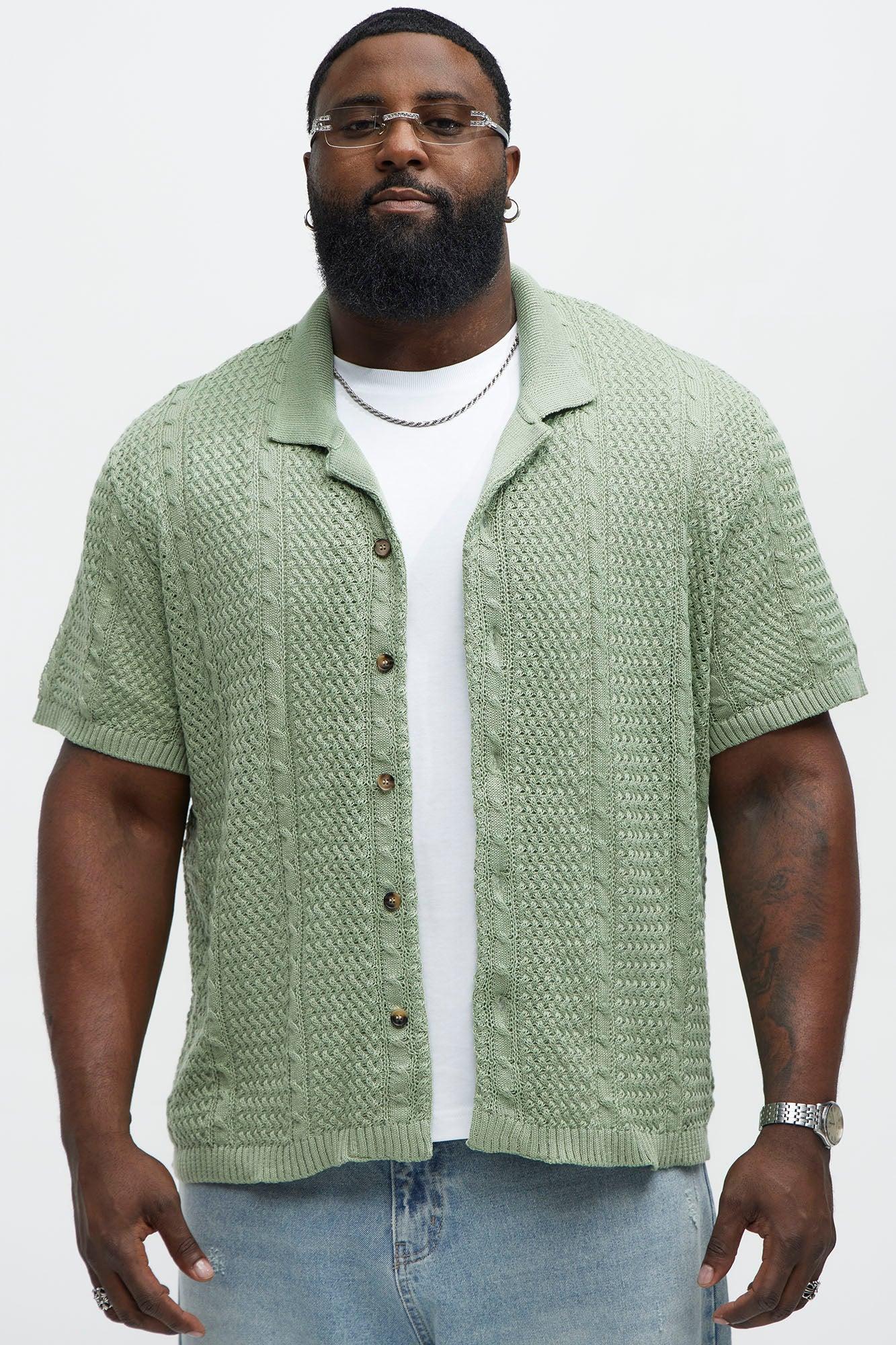 Unwind Cable Knit Short Sleeve Button Up - Sage Product Image
