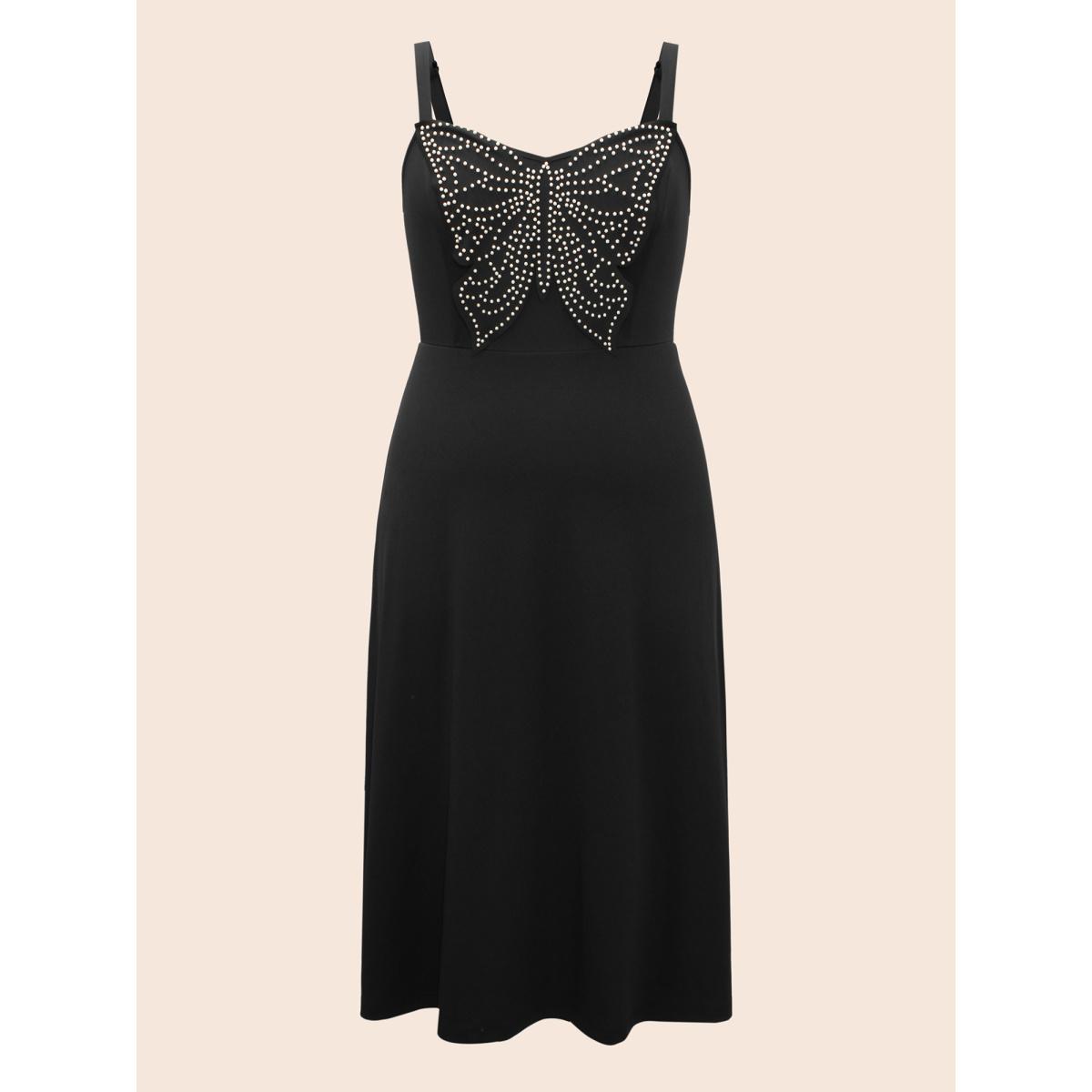 Plus Size Butterfly Pearl Beaded Cami Dress Black Women Elegant Beaded V-neck Sleeveless Curvy BloomChic 22-24/3X Product Image