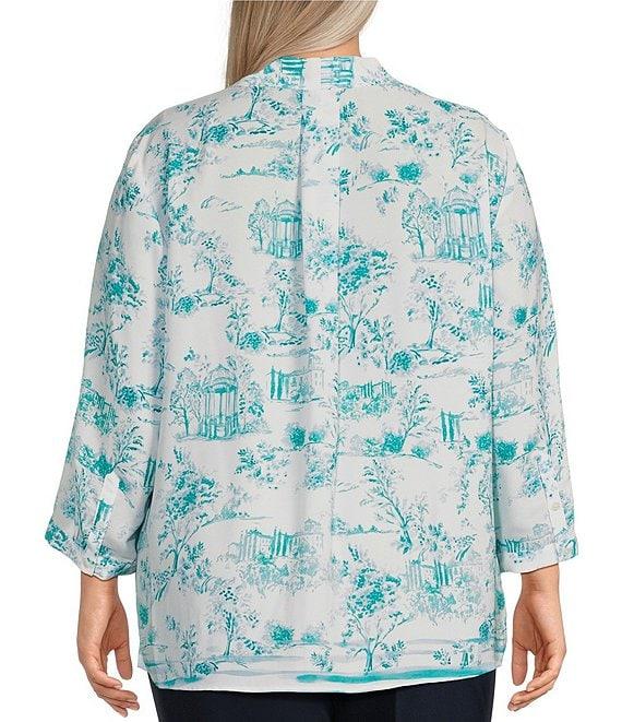 Investments Plus Size Caroline Signature Painted Toile V-Neck 3/4 Sleeve Button Front Blouse Product Image