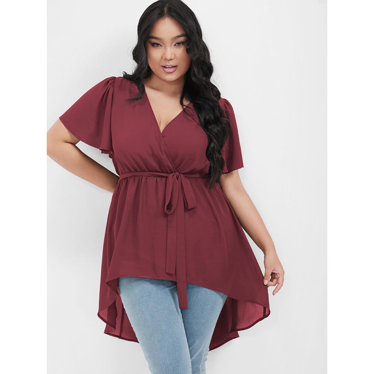 Plus Size Burgundy Plain Asymmetrical Hem Ruffles Belted Wrap Blouse Women Elegant Short sleeve V-neck Dailywear Blouses BloomChic 10/M Product Image