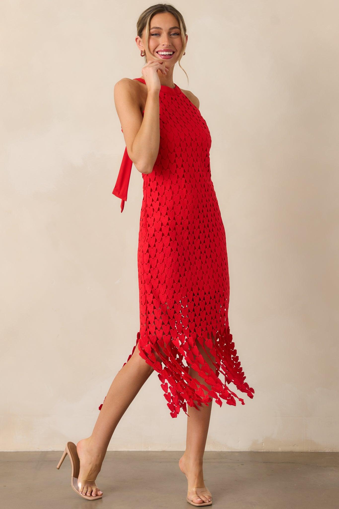 Heart On Display Red Heart Lace Midi Dress Product Image