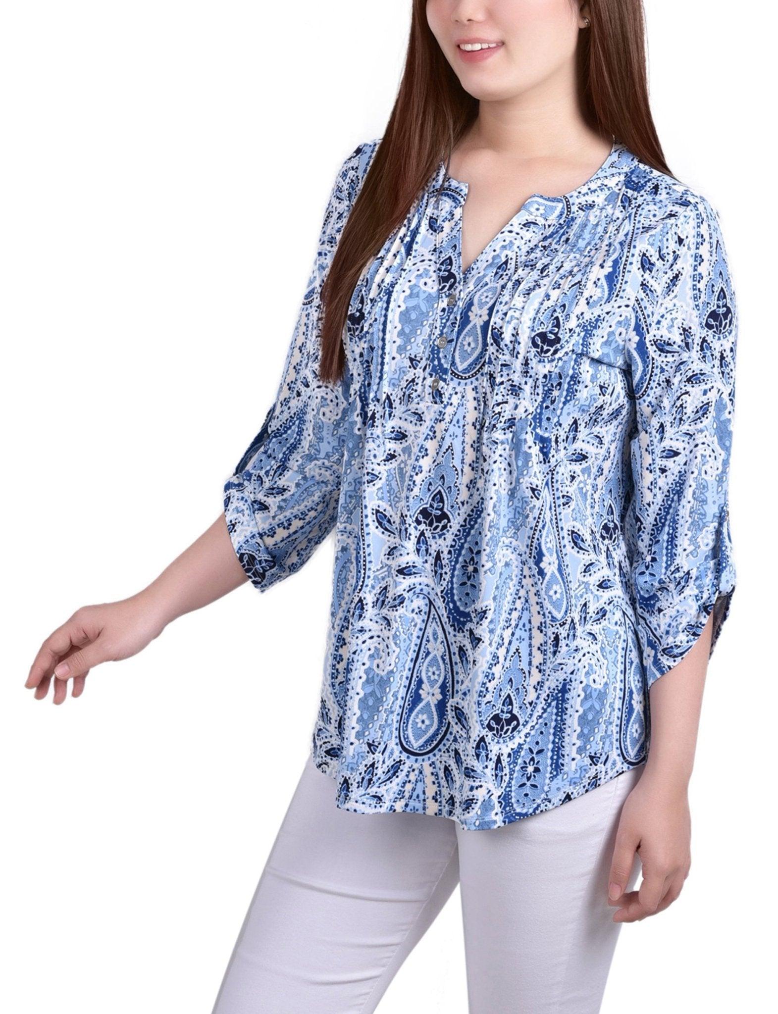 Navy Amoreduo 3/4 Bell Sleeve Pleat Front Y Neck Top Product Image