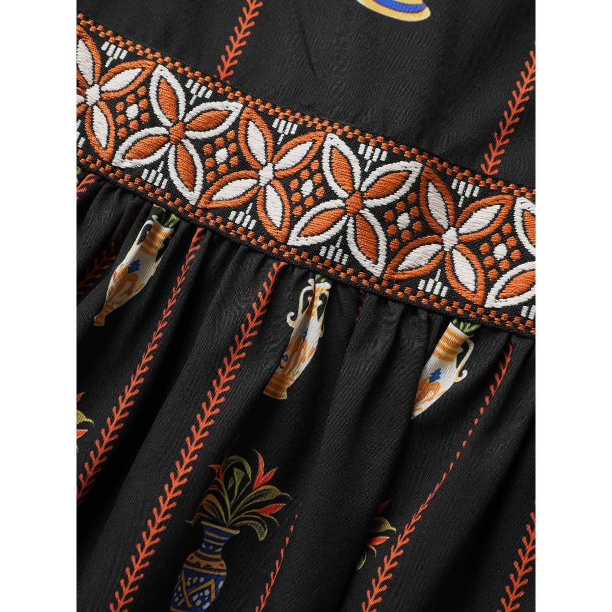 Plus Size Boho Print Off Shoulder Woven Ribbon Dress Black Women Elegant Woven ribbon&lace trim One-shoulder neck Short sleeve Curvy BloomChic 12/L Product Image