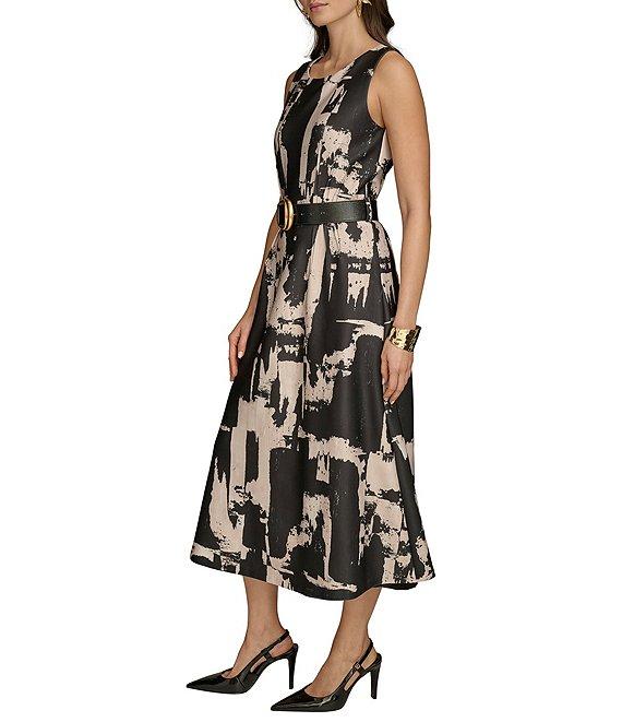 Donna Karan Abstract Print Crew Neck Sleeveless Belted Scuba A-Line Midi Dress Product Image