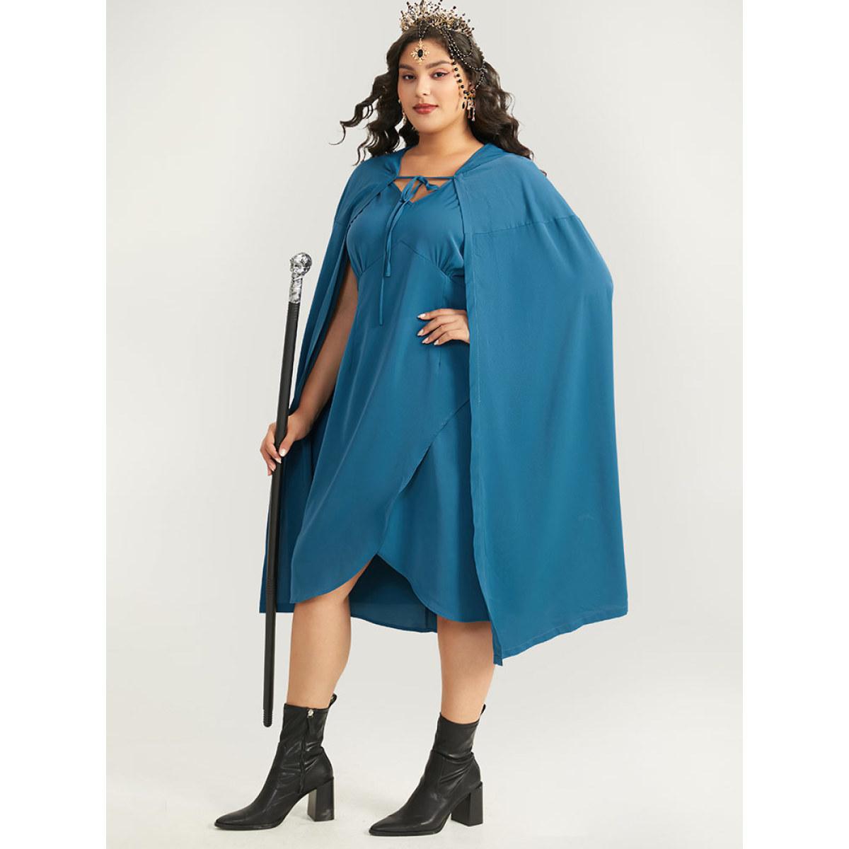 Plus Size Halloween Plain Knot Hooded V Neck Ties Wrap Hem Dress Aegean Women Elegant Wrap V-neck Sleeveless Curvy Midi Dress BloomChic 18-20/2X Product Image