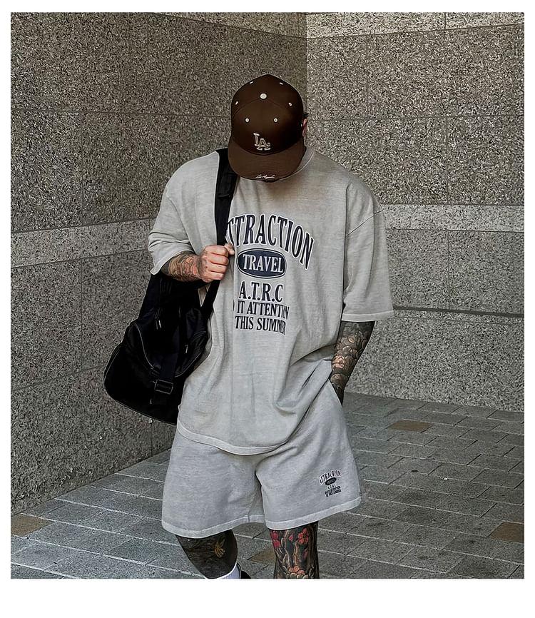 Elbow-Sleeve Crew Neck Lettering Print T-Shirt / Drawstring Waist Wide Leg Sweat Shorts Product Image