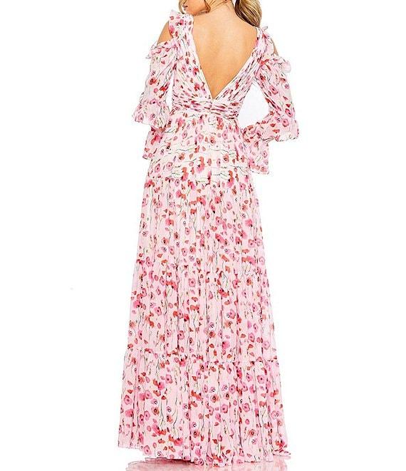 Mac Duggal Floral Print V-Neck Long Sleeve Tiered Ruffled A-Line Gown Product Image