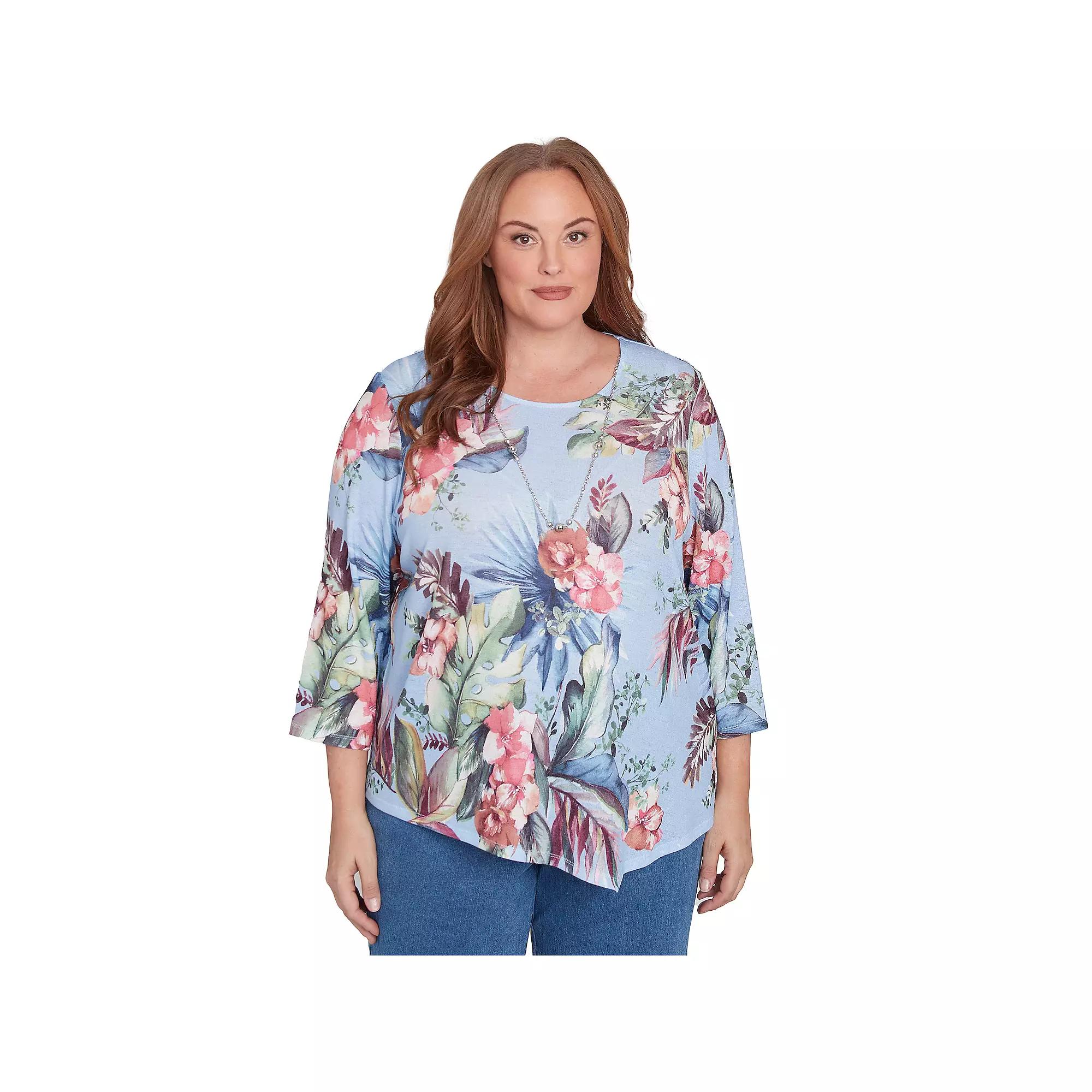 Plus Size Alfred Dunner Tropical Print Knit Top with Necklace, Women's, Size: 2XL, Light Blue Product Image