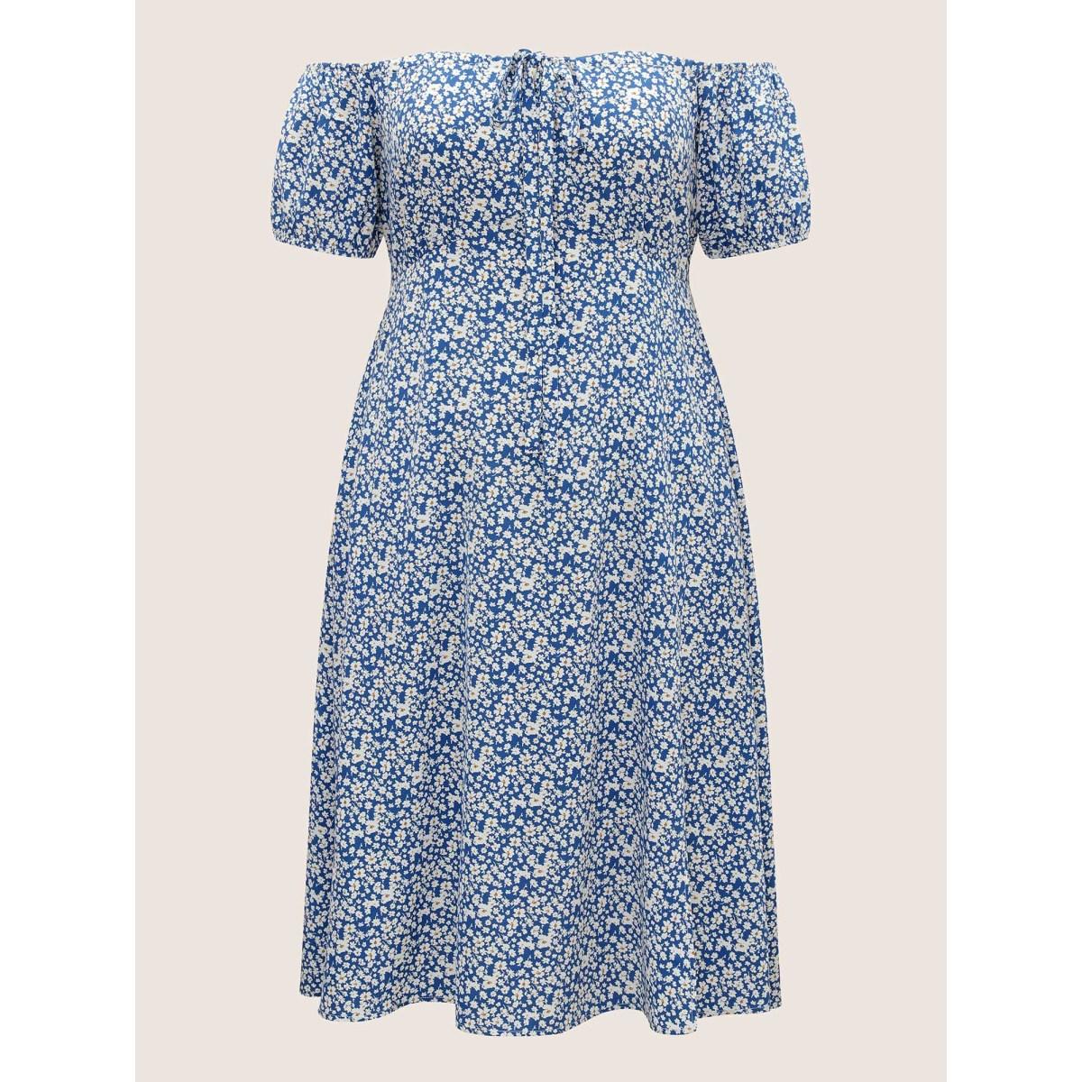 Plus Size Ditsy Floral One Shoulder Neck Cross Straps Dress Blue Women Elegant Non One-shoulder neck Short sleeve Curvy Midi Dress BloomChic 22-24/3X Product Image