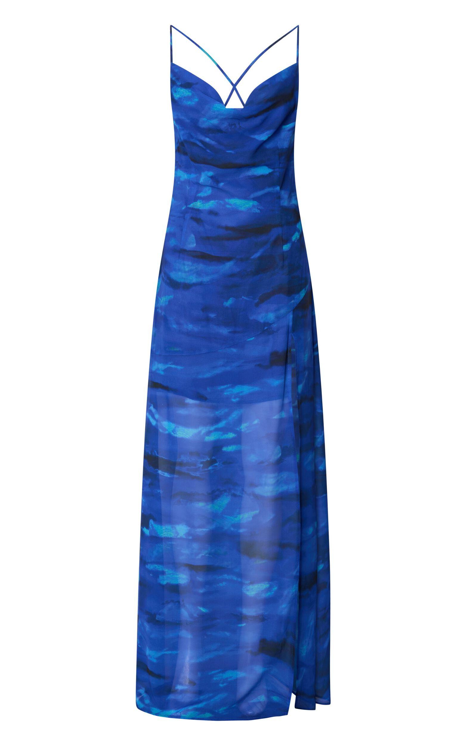 Cher Maxi Dress - Strappy Cowl Neck Bias Cut Georgette Dress in Blue Abstract Product Image