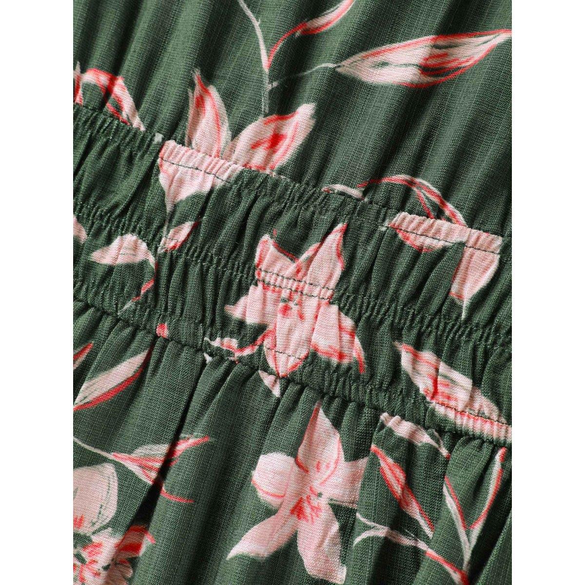 Plus Size Breezy Floral Shirred Waist Midi Dress DarkGreen Women Romantic Flat collar with V-notch Short sleeve Curvy BloomChic 10/M Product Image