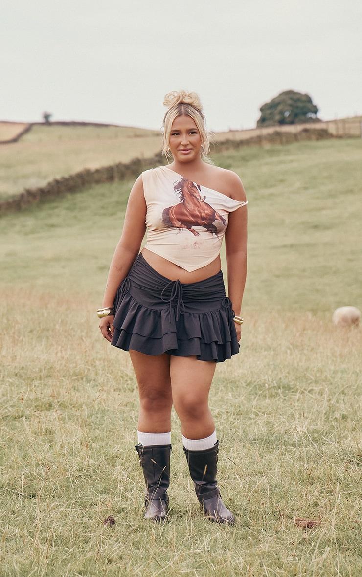 Plus Black Ruched Ruffle Detail Mini Skirt Product Image