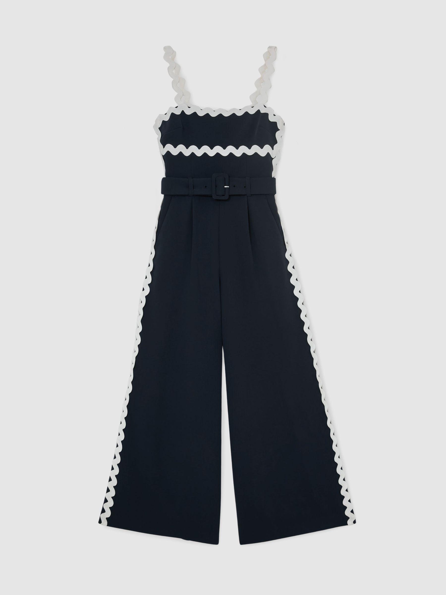 Petite Ric-Rac Trim Wide-Leg Jumpsuit in Navy/Ivory Product Image