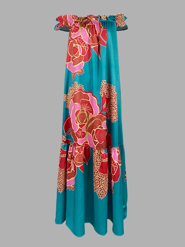 A-Line Loose Elasticity Flower Print Pleated Split-Joint Off-The-Shoulder Maxi Dresses Product Image