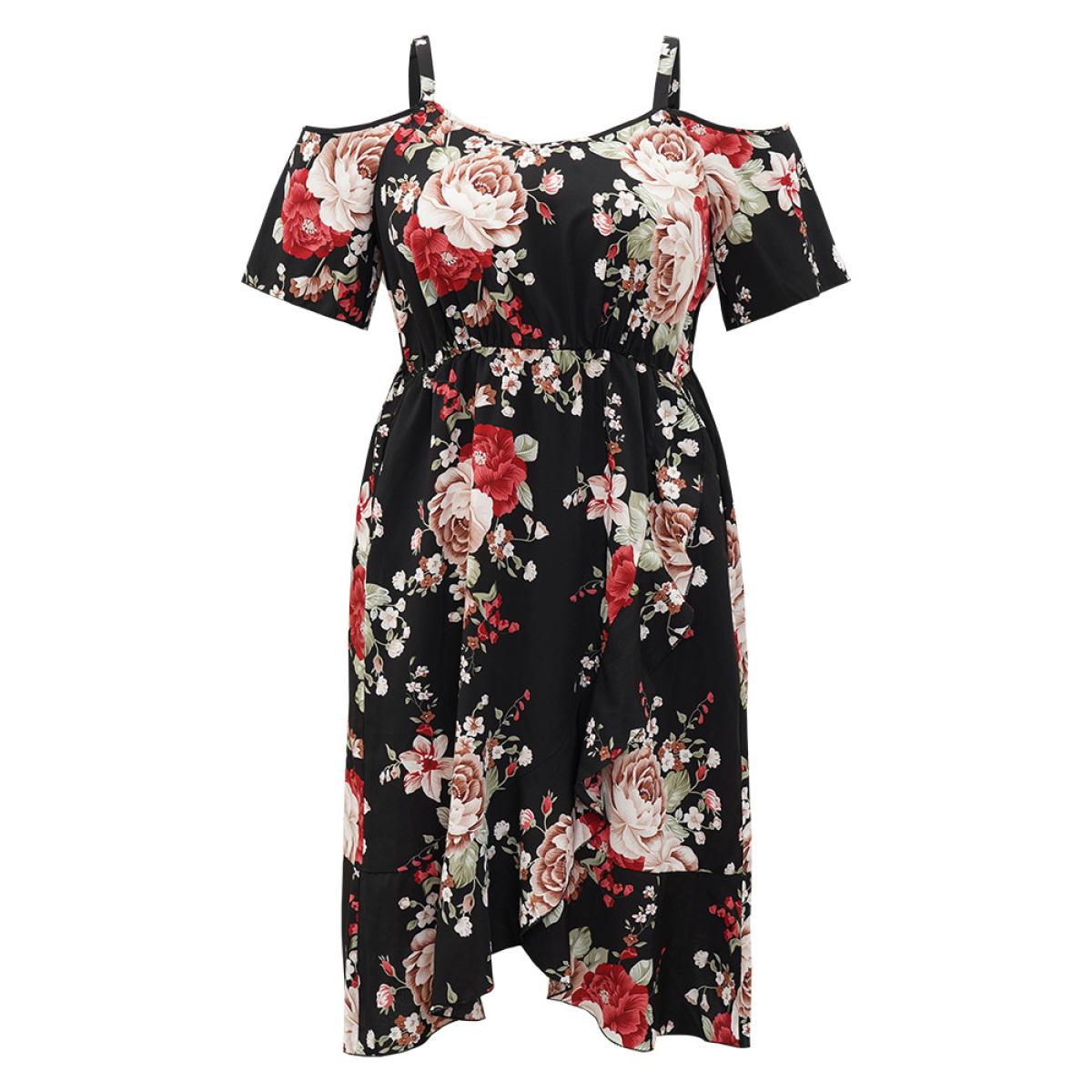 Plus Size Floral Print Pocket Asymmetrical Hem Cold Shoulder Dress Black Women Elegant Elastic Waist Cold Shoulder Short sleeve Curvy Midi Dress BloomChic 26/4X Product Image