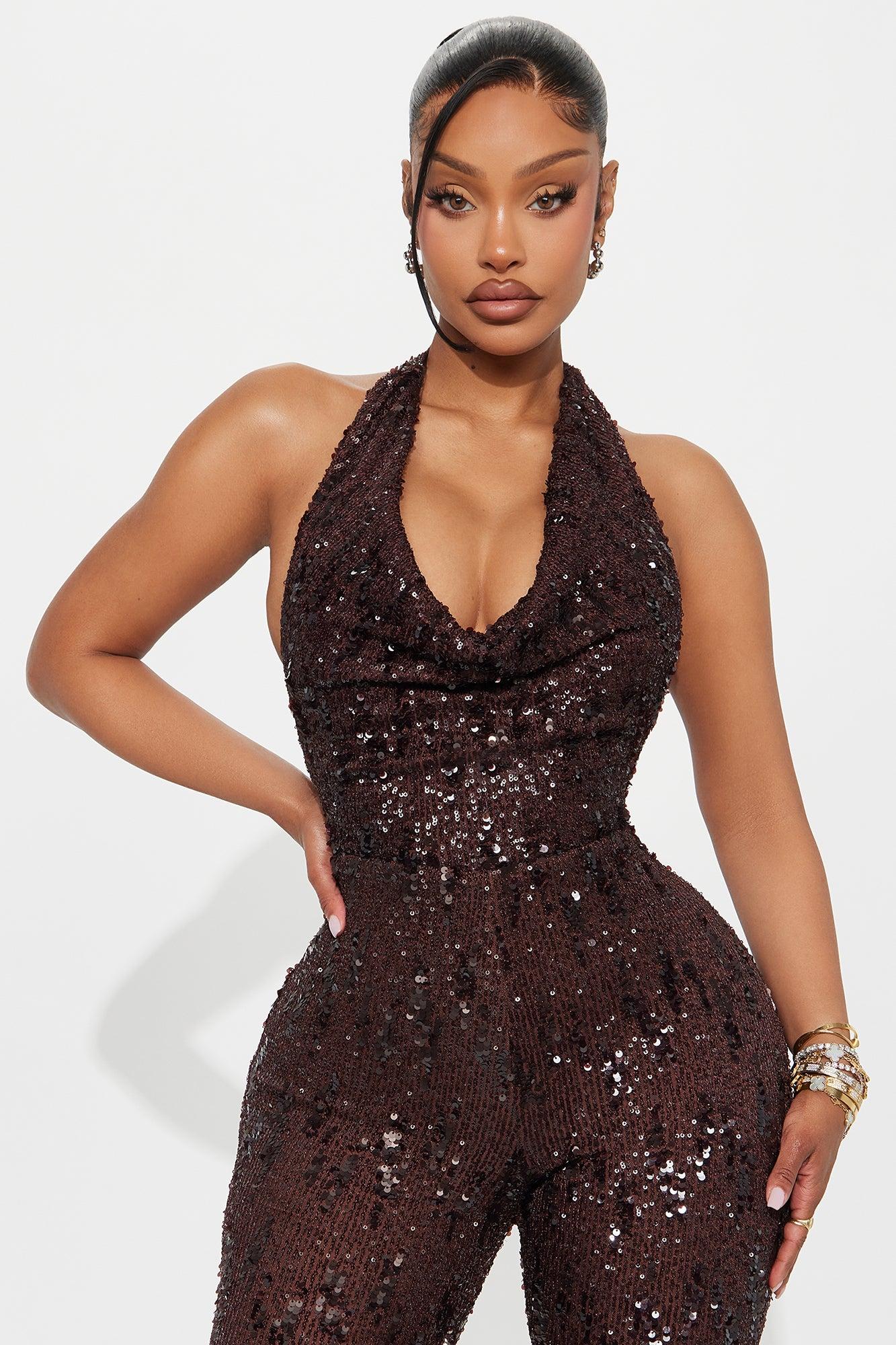 Astrid Backless Sequin Halter Jumpsuit - Chocolate Female Product Image