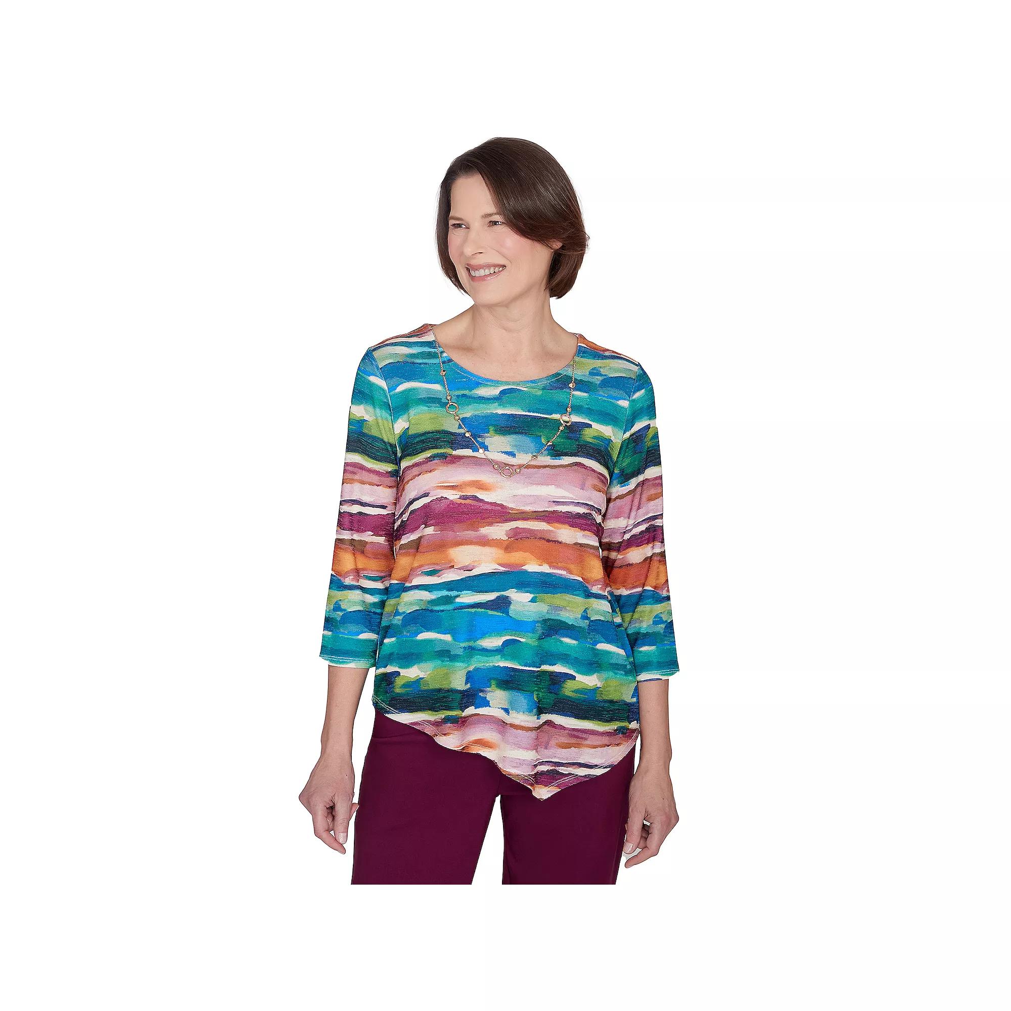 Petite Alfred Dunner Watercolor Biadere Top With Necklace, Women's, Size: Medium Petite, Multi Blue Product Image