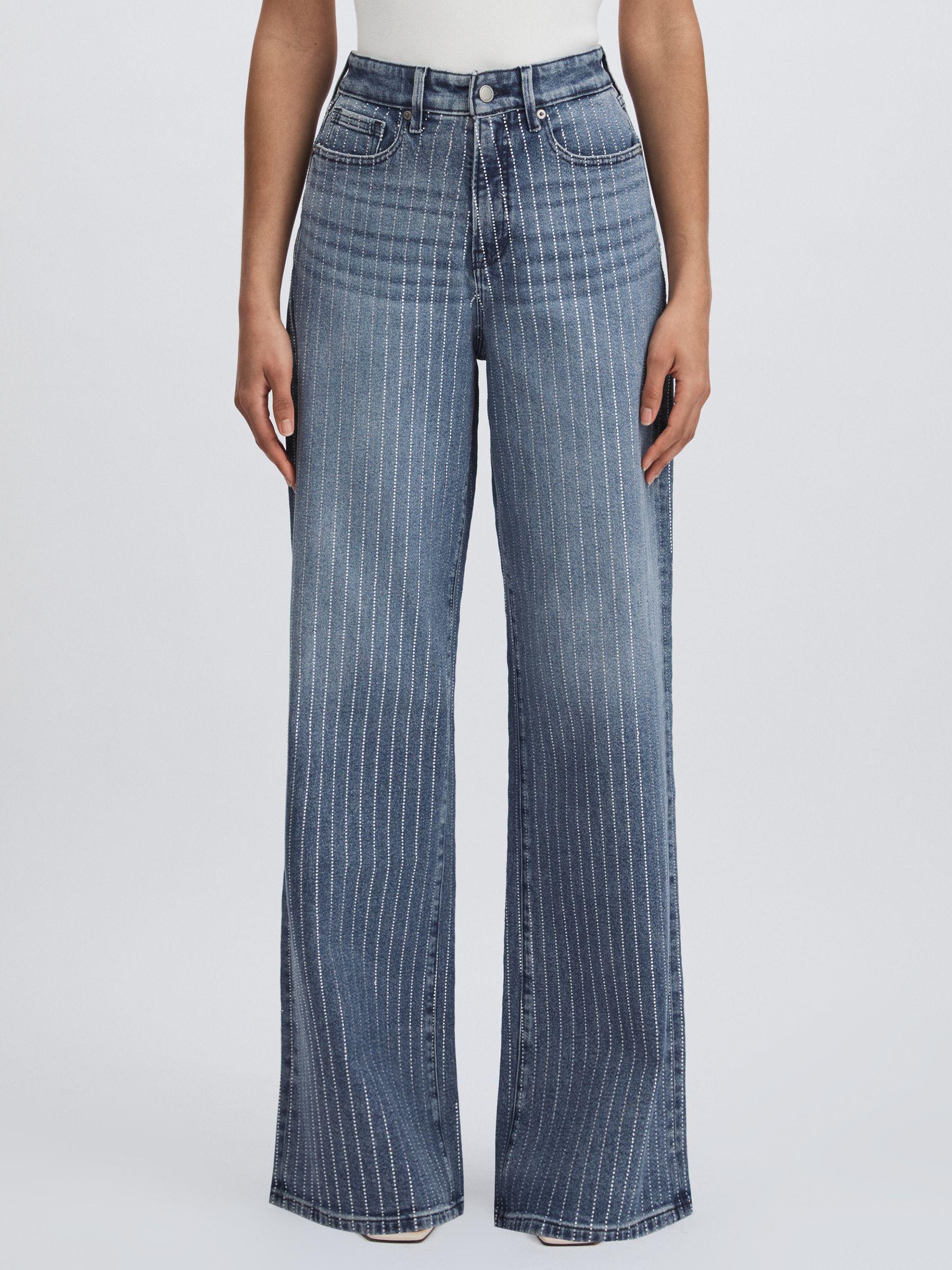 Good American Crystal-Stripe Relaxed Jeans in Light Blue Product Image