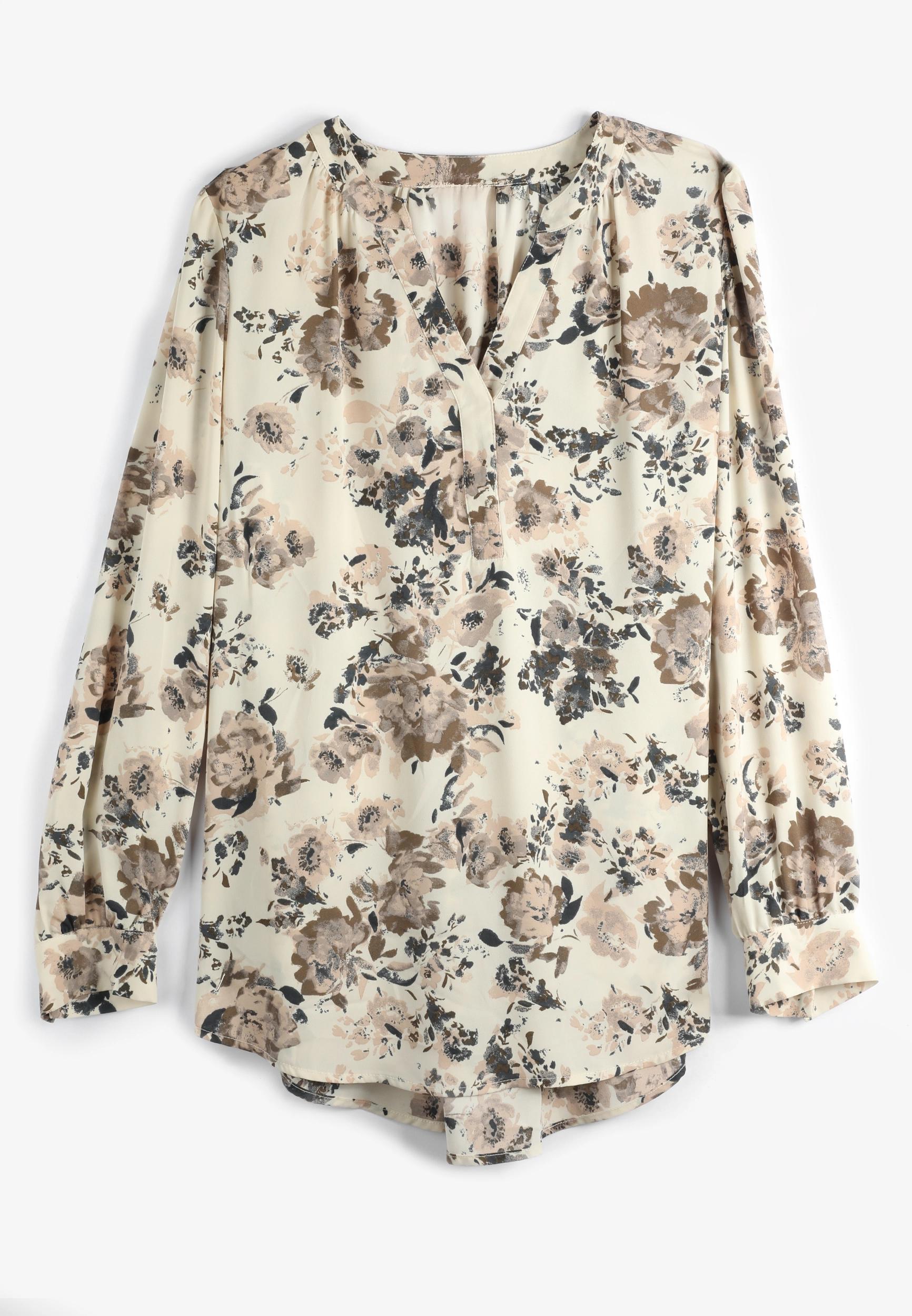 Floral V Neck Long Sleeve Blouse Product Image