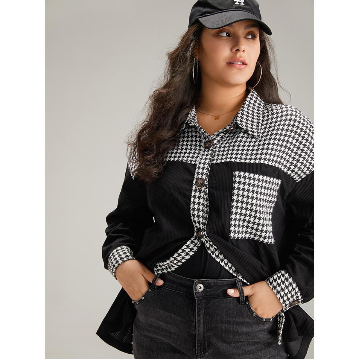 Plus Size Houndstooth Patchwork Pocket Button Through Corduroy Coat Women Black Casual Contrast Ladies Dailywear Winter Coats BloomChic 22-24/3X Product Image