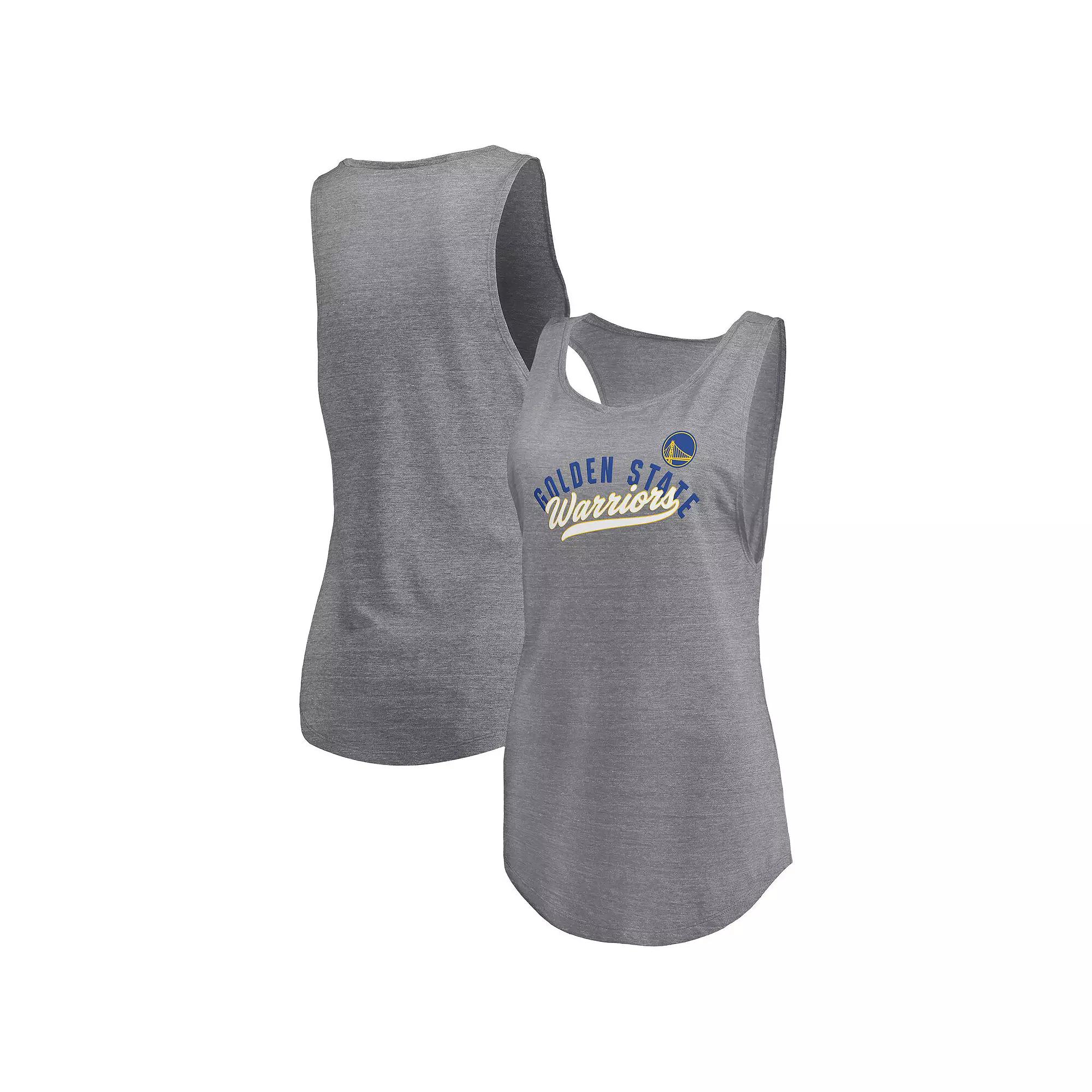 Women's Fanatics Heathered Gray Golden State Warriors Quality Time Open Scoop Neck Tri-Blend Tank Top,  Product Image