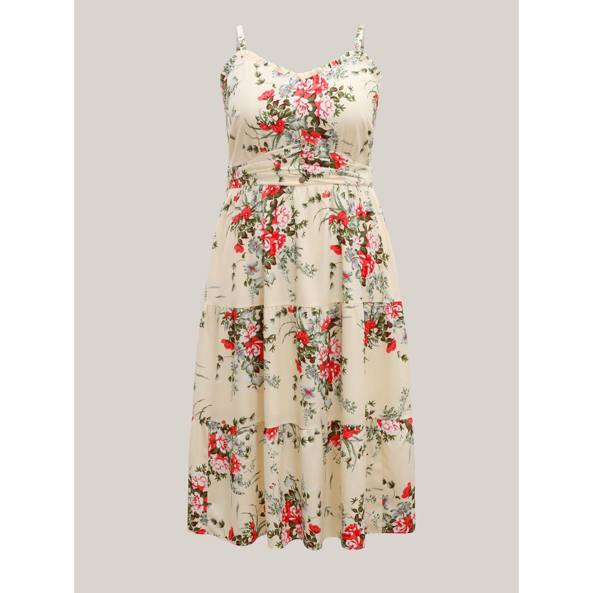 Plus Size Floral Pleated Waist Pockets Midi Dress Apricot Women Timeless Non Sleeveless Curvy BloomChic 14-16/1X Product Image