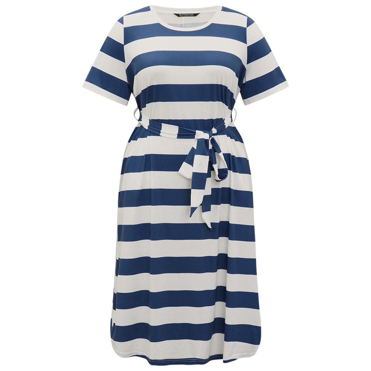 Plus Size Striped Ties Pocket Crew Neck Dress Cerulean Women Casual Belted Round Neck Short sleeve Curvy Midi Dress BloomChic 26/4X Product Image