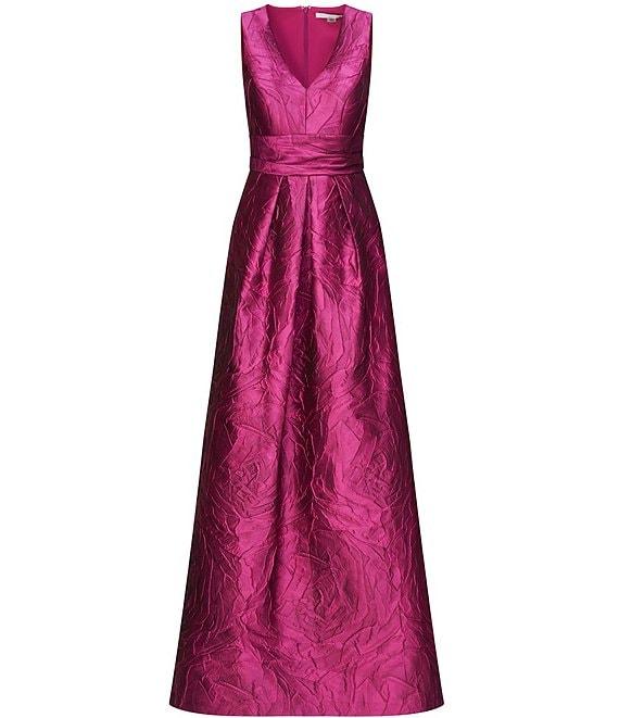 Kay Unger Jacquard V-Neck Sleeveless Pleated Gown Product Image