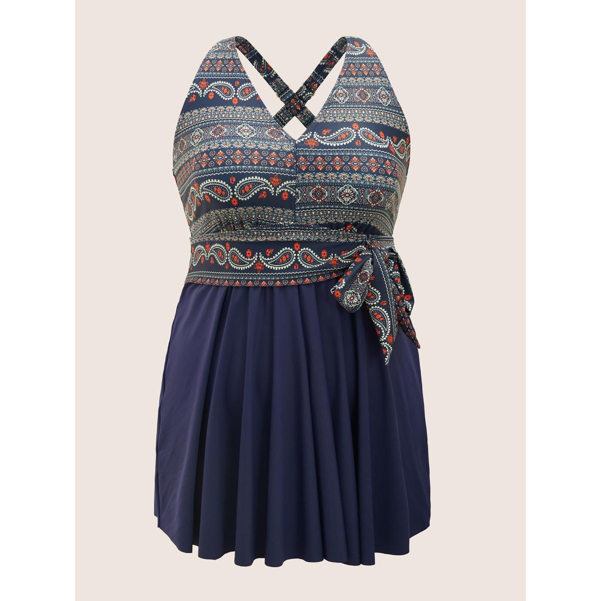 Plus Size Bandana Print Ties Knotted Patchwork Swim Dress Women's Swimwear Indigo Beach Bodycon Deep V-neck High stretch Curve Swim Dresses BloomChic 10/M Product Image